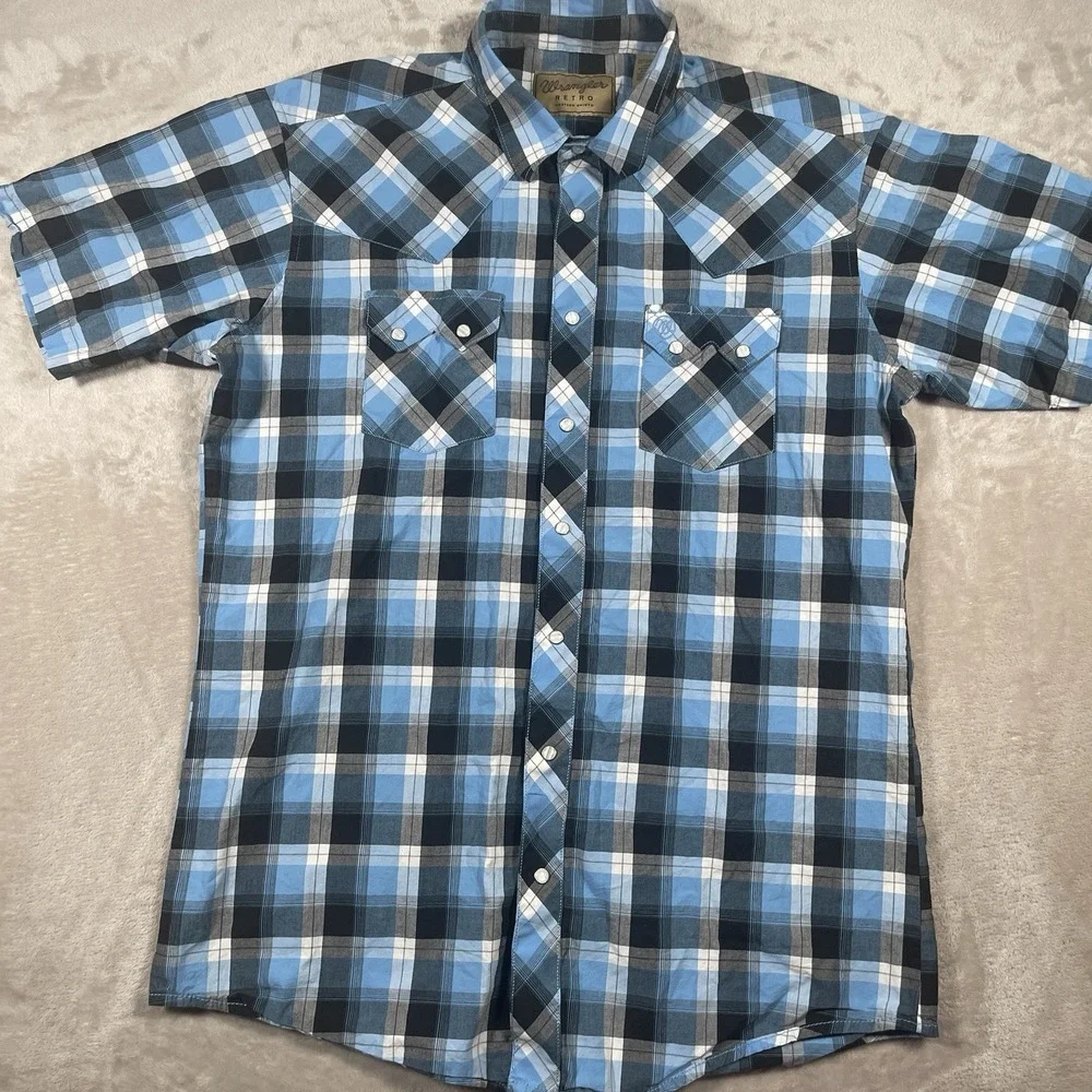 Wrangler Shirt Mens XLT Blue‎ Pearl Snap Up Western Rodeo Cowboy Ranch Country